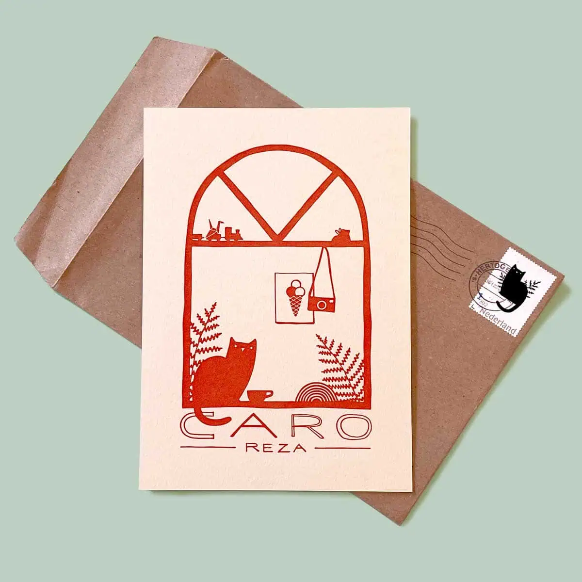 Ontwerp voor geboortekaartje 'Caro' met illustratie van een plant - door Mieke Wijnen – van Soest