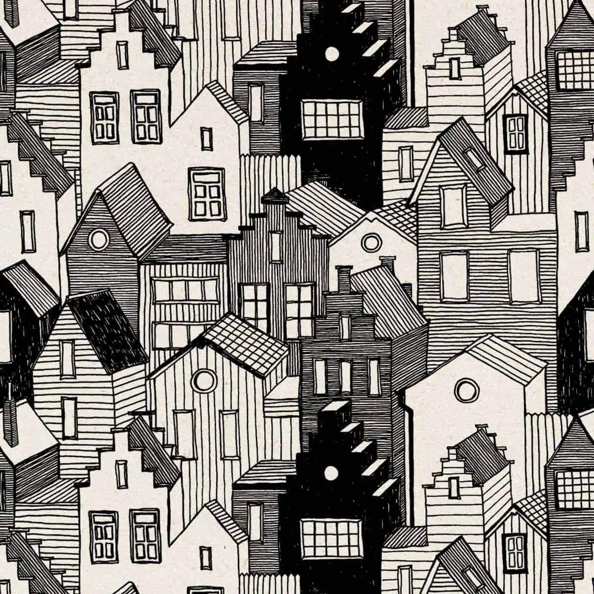 Zwart-wit patroon van huisjes - illustratie door studio vanmieke