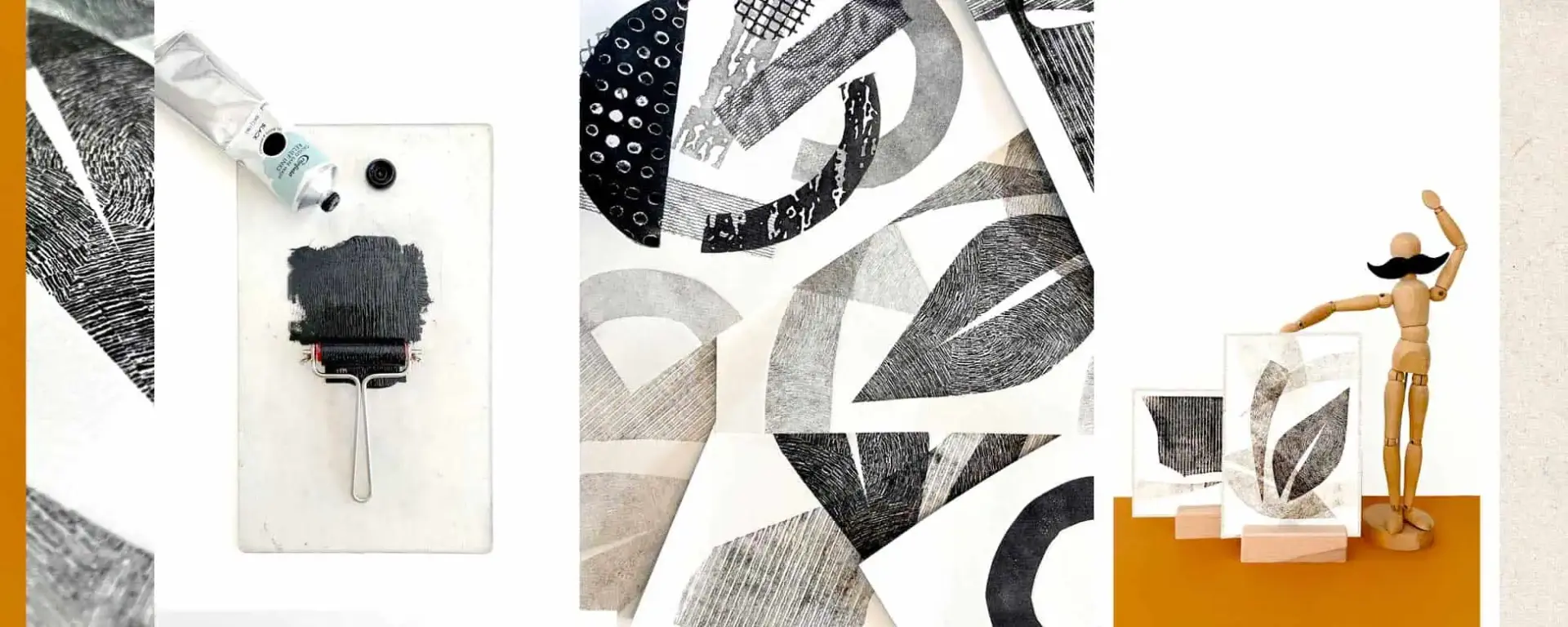 Abstracte kunst met zwart-wit patronen en houten pop.