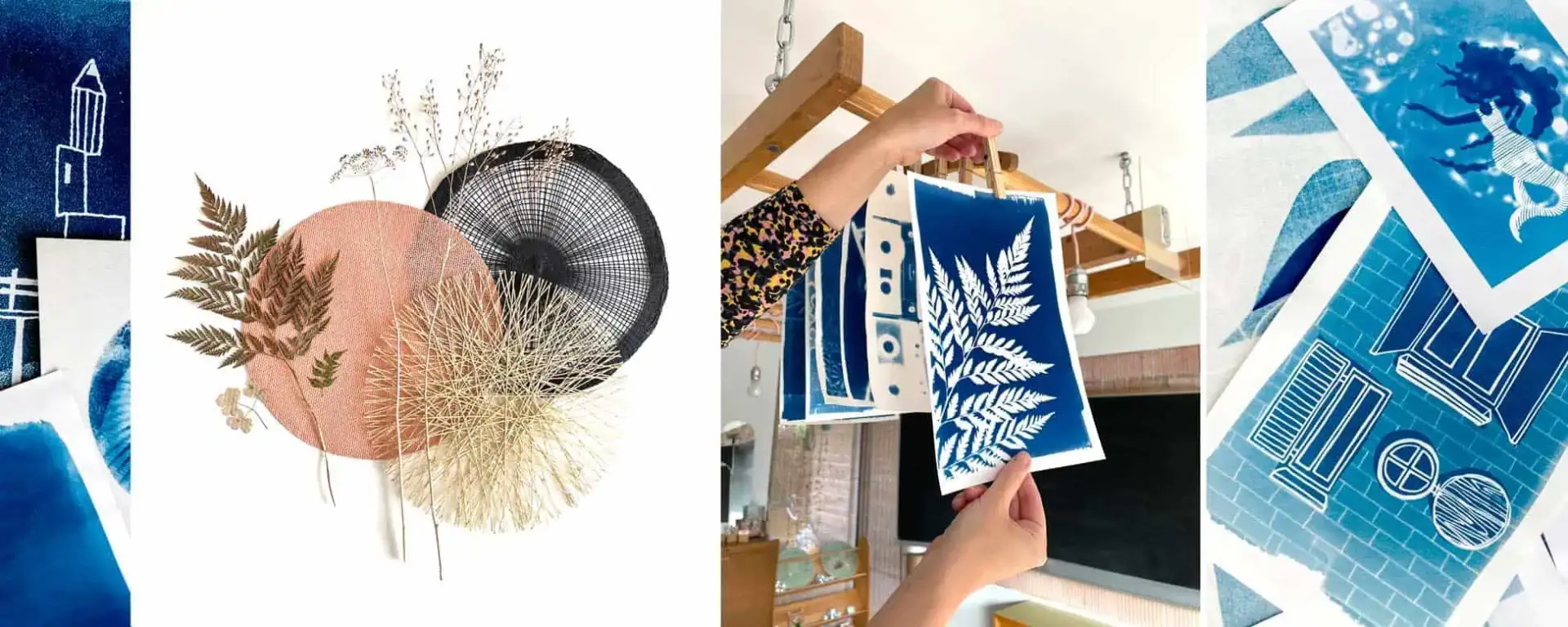 Cyanotype kunstafdrukken met planten en ontwerpen