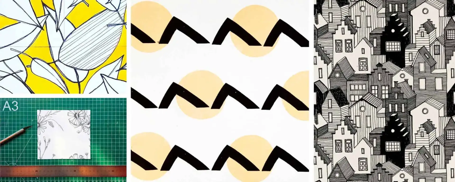 Drie abstracte patronen en ontwerpen op papier