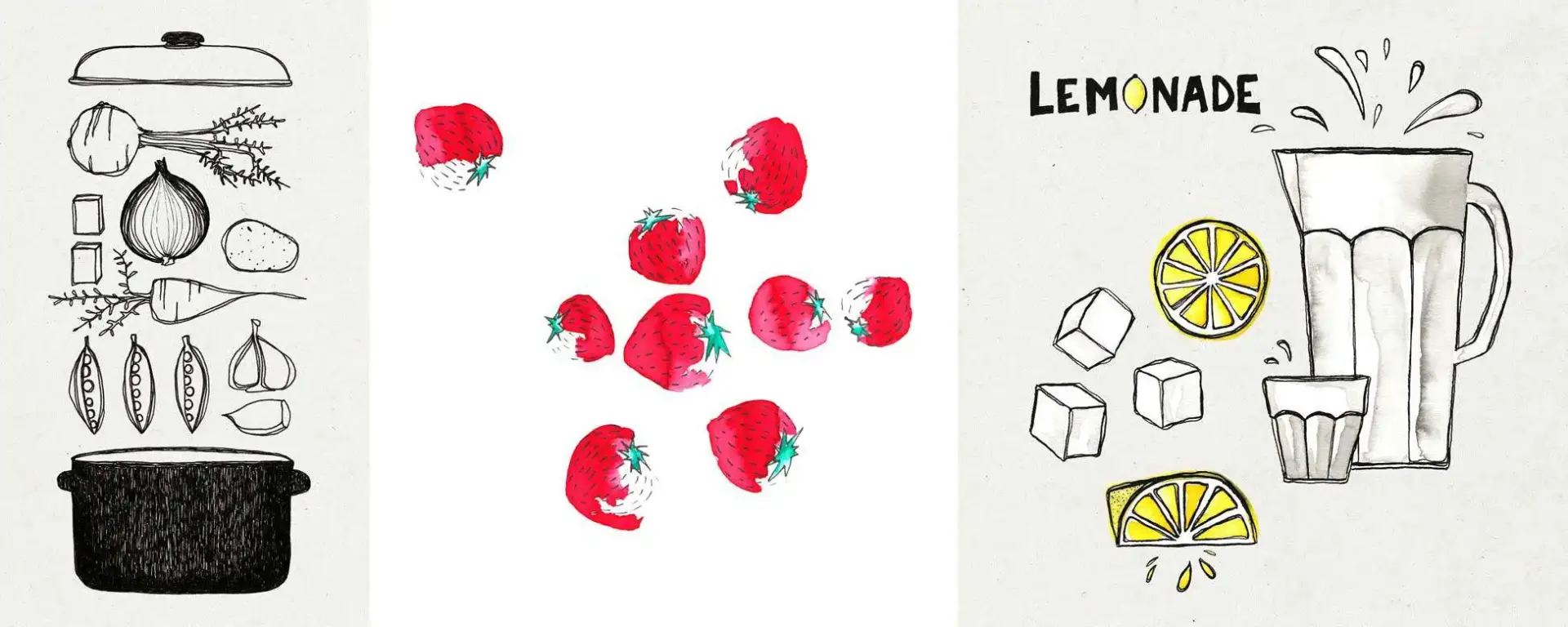Illustraties van soep, aardbeien en limonade