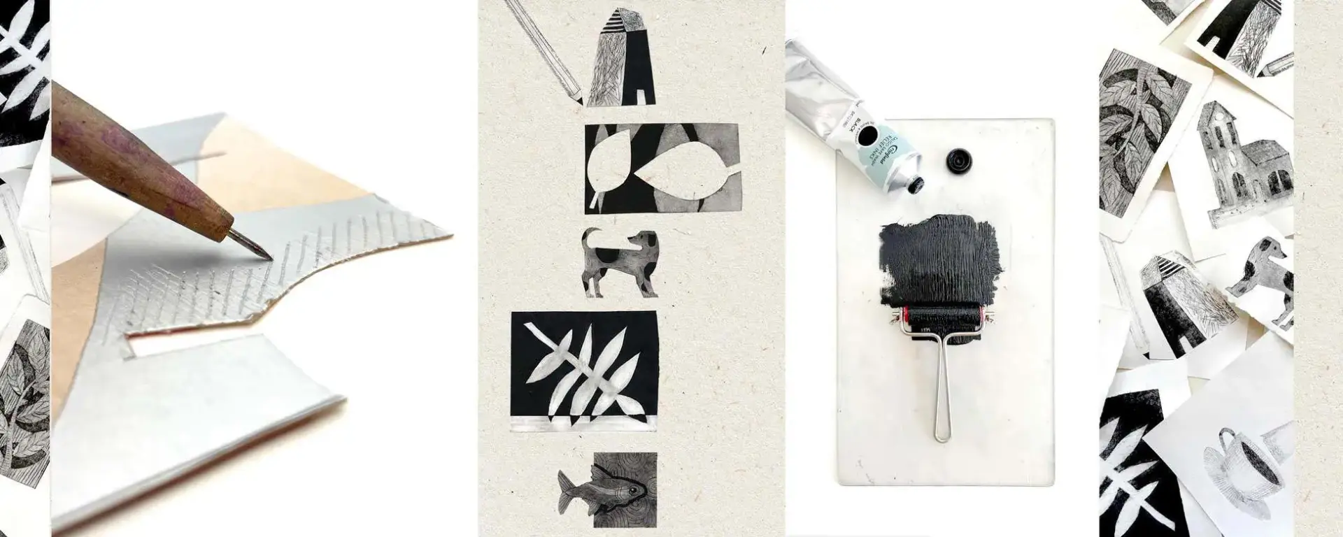 Zwart-witte lino-afdrukken en kunstbenodigdheden op tafel